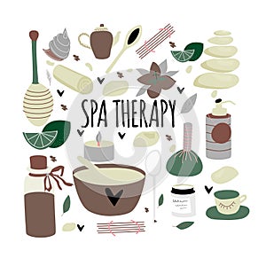 Doodle set of spa elements  with typography for aromatherapy, stone and honey therapy, body care, wellness center, relax, health.