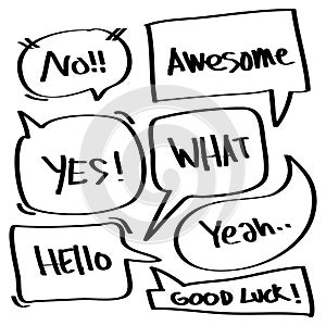 Doodle set of speech bubbles with words Awesome, hello, no, yes, what, good luck