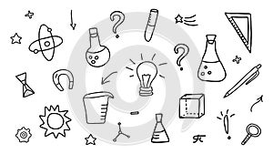 Doodle set on the theme of science, research and education, chemistry, astronomy, mathematics, physics, geometry and