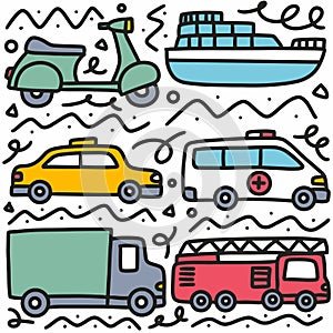 doodle set of transportation hand drawing