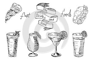 Doodle set. Vector set of fast food and drinks. Vector illustration in sketch style.