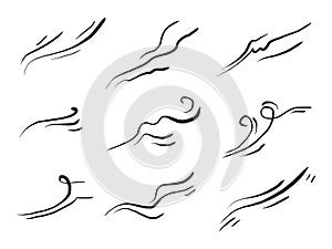 Doodle set wind blow, gust design isolated on white background