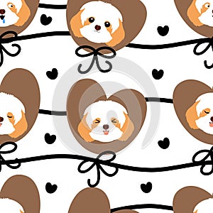 Doodle shih tzu dog emoticons showing different emotions. Cartoon dog puppies sless pattern background with heart and bow.