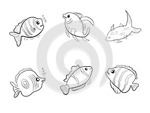 Doodle silhouette underwater fish icon cartoon comic abstract background graphic vector illustration