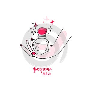 Doodle simple hand with perfume bottle. Good for logo