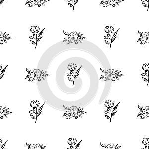 Doodle simple vector seamless pattern of hand-drawn peonies. Seamless pattern of hand-drawn peonies. Isolated on white background