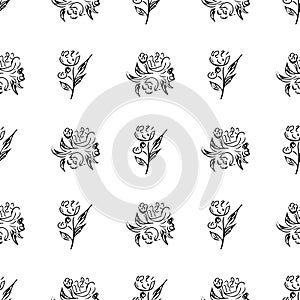 Doodle simple vector seamless pattern of hand-drawn peonies. Seamless random pattern of hand-drawn peonies. Isolated on white