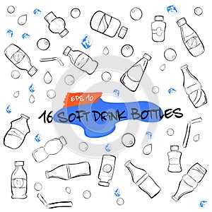 Doodle of sixteen soft drink bottles, water drop, bubble and ice cube