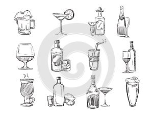 Doodle sketch cocktails and alcohol drinks in glass. hand drawn vector stock
