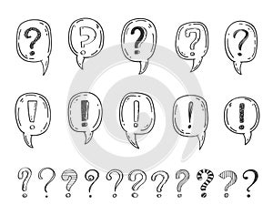 Doodle sketch exclamation and question marks set inside speech bubbles