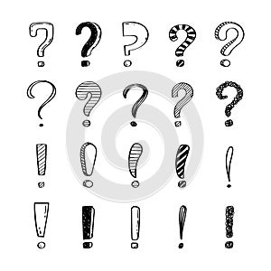 Doodle sketch exclamation and question marks vector set