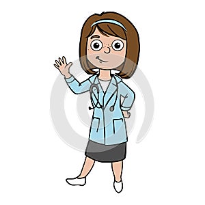 doodle sketch female doctor waving hand. Simple, flat illustration on
