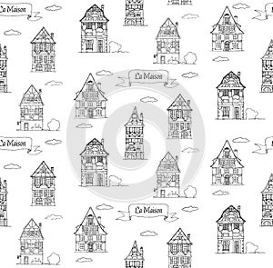 Doodle sketch House in a traditional european style seamless pattern