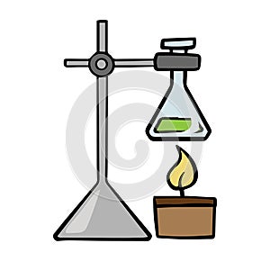 Doodle sketch laboratory apparatus, round chemical flask is heated. Laboratory experiment.