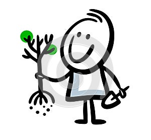 Doodle sketch of a man with seedling apple tree and garden shovel.