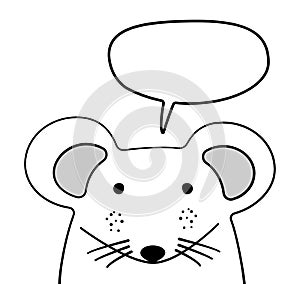 Doodle sketch Mouse with chat cloud vector illustration. Cartoon. Mouse and speech bubble. White. Wild mammal animal. Postcard