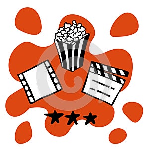 doodle sketch popcorn, film, stars. Simple, flat illustration of a movie theater set