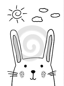 Doodle sketch Rabbit with sun and clouds illustration.Cartoon bunny vector. Hare. Doodle style. Wild mammal animal. White backgrou
