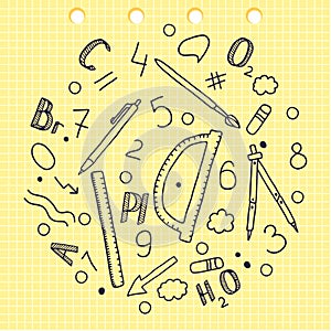 Doodle sketchy. Hand drawing. Set of words and labels. Chemical elements. School appliances. Ruler. Compasses. Pencil. The