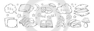 Doodle sleep dream. Hand drawn night bedtime collection of pillow feather cloud and moon. Napping puppies and kittens sketch. Cozy