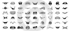 Doodle smile. Cartoon mouth with different face expression, laugh anger and scary emotion pop art sketch. Vector hand