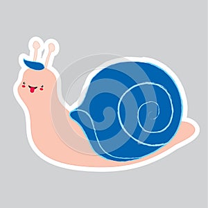 Doodle snail boy on a gray background. Blue forelock and shell. Nursery art. Use as illustration sticker book or cartoon