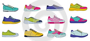 Doodle sneakers. Hand drawn sport and casual footwear. Mens or womens colored fitness and fashion shoes. Footgear with photo