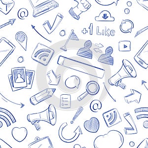 Doodle social media, movie, music, news, video, online marketing, sms vector seamless backdrop