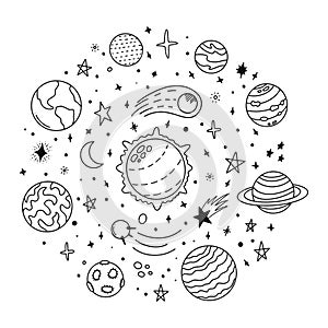 Doodle solar system. Hand drawn sketch planets, cosmic comet and stars, astronomy space doodles. Celestial solar system