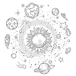 Doodle solar system. Hand drawn sun, cosmic comet and planet earth vector illustration. Outer space monochrome coloring