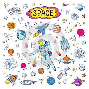 Doodle space. Cosmos trendy kids pattern, hand drawn rocket ufo universe meteor planet graphic elements. Vector