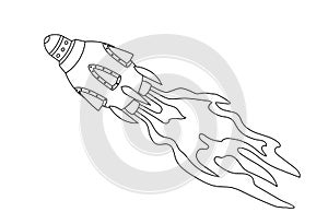 Doodle space rocket vector illustration isolated on white background. Simple style hand drawn flat rocket carrier with