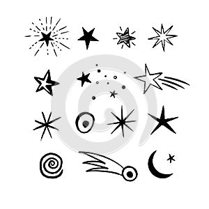 Doodle Space stars set with cosmic objects