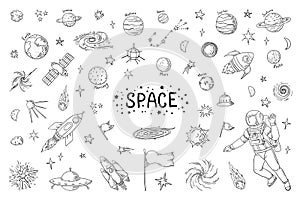 Doodle space. Trendy universe pattern, star astronaut meteor rocket comet astronomy elements. Vector cosmic pencil