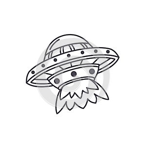 Doodle spaceship. Cartoon exploration spacecraft. Hand drawn celestial outline icon