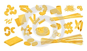 Doodle spaghetti. Cartoon Italian wheat pasta food. Macaroni types. Isolated farfalle and rotini. Tagliatelle or