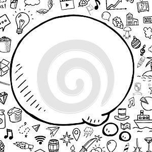 Doodle speech bubble with objects,vector hand drawn object, cartoon background