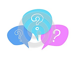 Doodle speech bubble. Question mark symbol, communication and forum signs. Colorful shapes with interrogative icons