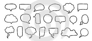 Doodle speech bubbles. Hand drawn elements for quotes and text with pencil sketch lines and grunge shapes. Vector trendy