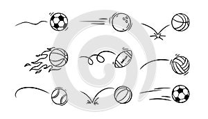 Doodle sport ball trajectory bounce collection. Line hand drawn balls set