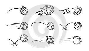 Doodle sport ball trajectory bounce collection. Line hand drawn balls set