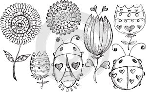 Doodle Spring Flower Bug Vector Set