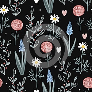 Doodle spring flowers seamless pattern. Vector illustration.