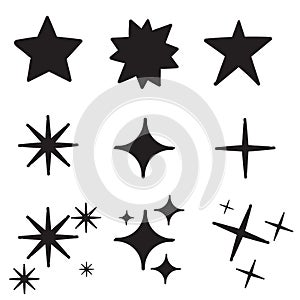 Doodle Star icons. Twinkling stars. Sparkles, shining burst. Christmas vector symbols isolated hand drawn style