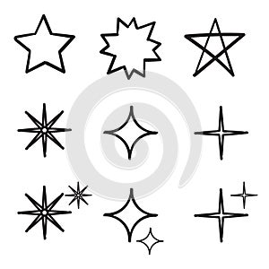 Doodle Star icons. Twinkling stars. Sparkles, shining burst. Christmas vector symbols isolated hand drawn style