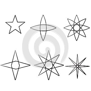 Doodle Star icons. Twinkling stars. Sparkles, shining burst. Christmas vector symbols isolated hand drawn style