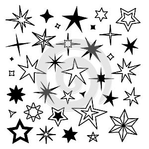 doodle Star icons. Twinkling stars. Sparkles, shining burst. Christmas vector symbols isolated