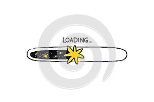 Doodle star loading bar isolated. Hand-drawn progress bar with yellow star on the background of the starry sky. Color