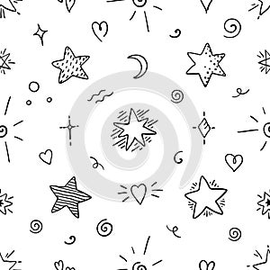 Doodle star seamless pattern. Magic party sketch elements, decorative ornamental graphic symbols. Vector abstract poster