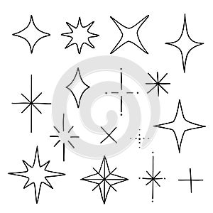 Doodle stars. Hand drawn boho line art star isolated set, black stars vector modern illustration